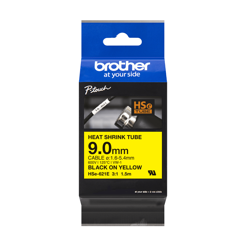 Brother HSE-621E Heat Shrink Tube, 9mm, zwart op geel Brother HSE-621E Heat Shrink Tube, 9mm, zwart op geel