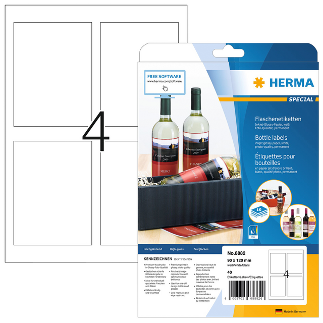 Etiket HERMA flessen 8882 90x120mm A4 glossy wit 40stuks Etiket HERMA flessen 8882 90x120mm A4 glossy wit 40stuks
