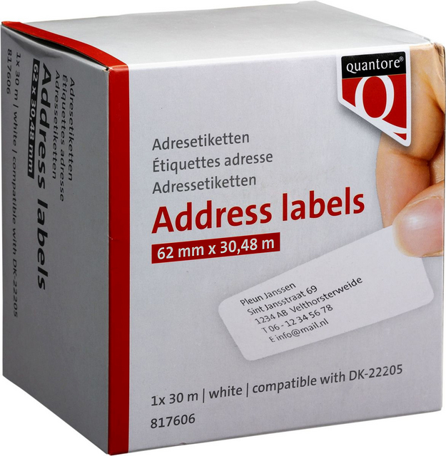 Labeletiket Quantore DK-22205 doorlopend 62mm 1 rol á 30m wit Labeletiket Quantore DK-22205 doorlopend 62mm 1 rol á 30m wit
