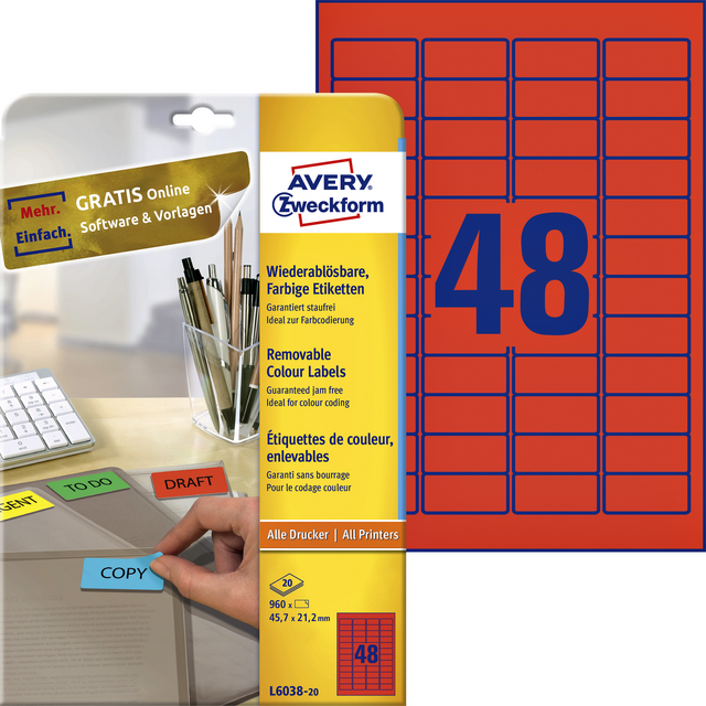Etiket Avery Zweckform L6038-20 45.7x21.2mm rood 960stuks Etiket Avery Zweckform L6038-20 45.7x21.2mm rood 960stuks