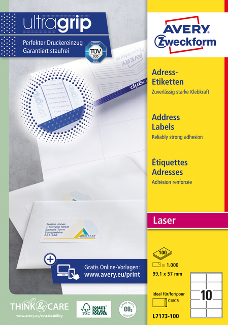 Etiket Avery L7173-100 99.1x57mm wit 1000 etiketten