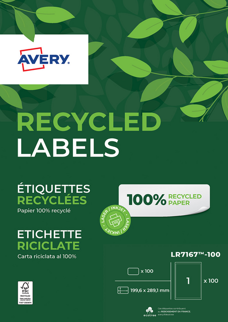 Etiket Avery LR7167-100 199.6x289.1mm recycled wit 100 etiketten Etiket Avery LR7167-100 199.6x289.1mm recycled wit 100 etiketten
