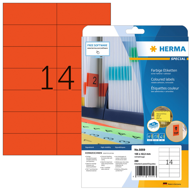 Etiket HERMA 5059 105x42.3mm verwijderbaar rood 280stuks Etiket HERMA 5059 105x42.3mm verwijderbaar rood 280stuks