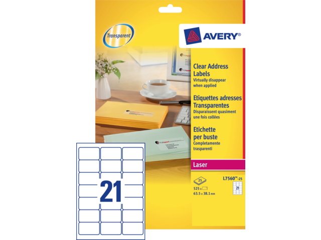 L7560-25 etiket avery l7560-25 63.5x38.1mm transp 525st