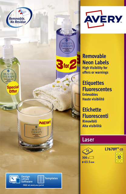 Etiket Avery L7670-25 63.5mm rond neon geel 300 etiketten Etiket Avery L7670-25 63.5mm rond neon geel 300 etiketten