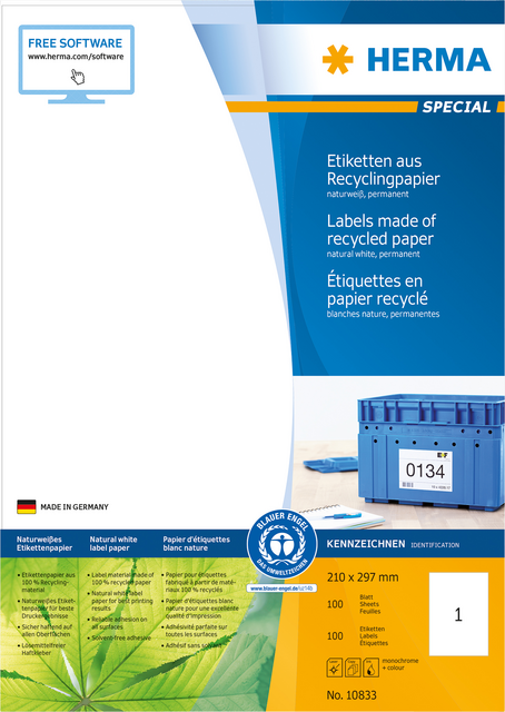 RECYCLING ETIKETTEN A4 210X297MM PERMANENT