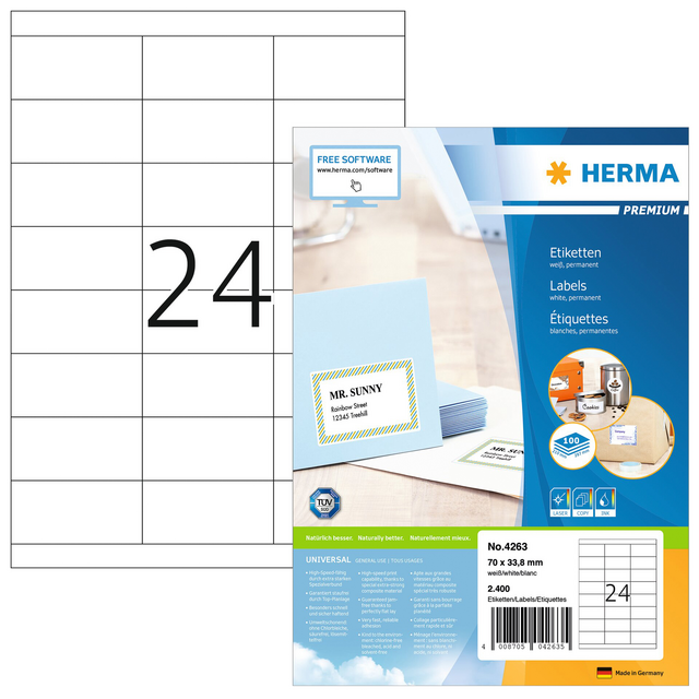 Etiket HERMA 4263 70x33.8mm premium wit 2400stuks Etiket HERMA 4263 70x33.8mm premium wit 2400stuks