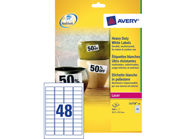 L4778-20 etiket avery l4778-20 45.7x21.2mm polyester 960st
