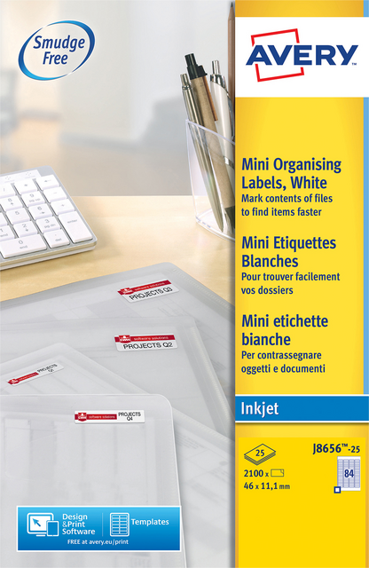 Etiket Avery J8656-25 46x11.1mm wit 2100 etiketten Etiket Avery J8656-25 46x11.1mm wit 2100 etiketten