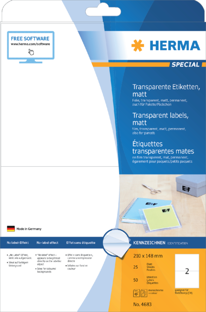 Etiket HERMA 4683 210X148mm transparant mat 50 etiketten Etiket HERMA 4683 210X148mm transparant mat 50 etiketten