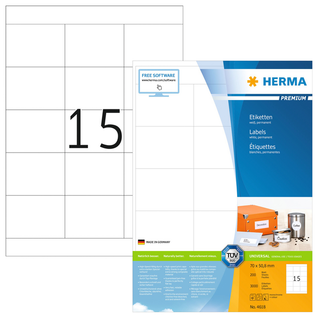 Etiket HERMA 4618 70x50,8mm premium wit 3000stuks Etiket HERMA 4618 70x50,8mm premium wit 3000stuks