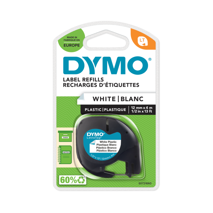 Dymo 91201 LetraTag plastic tape zwart op parelwit 12mm