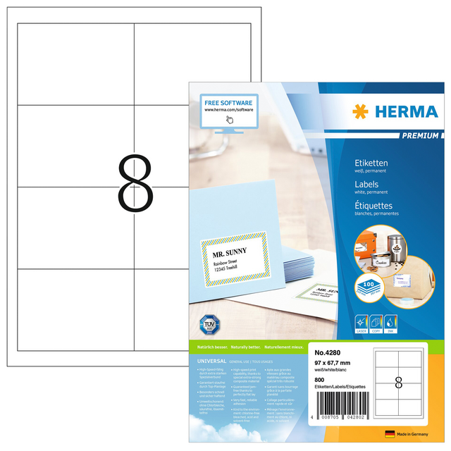 Etiket HERMA 4280 97x67.7mm premium wit 800stuks Etiket HERMA 4280 97x67.7mm premium wit 800stuks