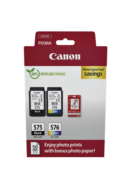 Inktcartridge Canon PG-575 CL-576 zw + kl + papier Inktcartridge Canon PG-575 CL-576 zw + kl + papier