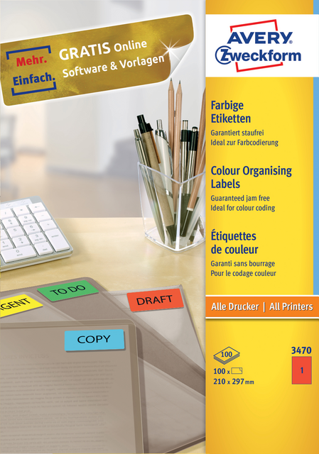 Etiket Avery Zweckform 3470 210x297mm A4 rood 100stuks Etiket Avery Zweckform 3470 210x297mm A4 rood 100stuks