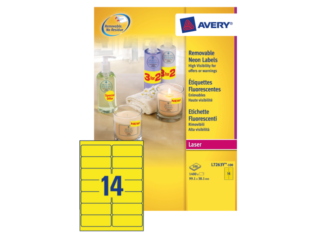 L7263Y-100 etiket avery l7263y-100 99.1x38.1mm neon geel 1400st