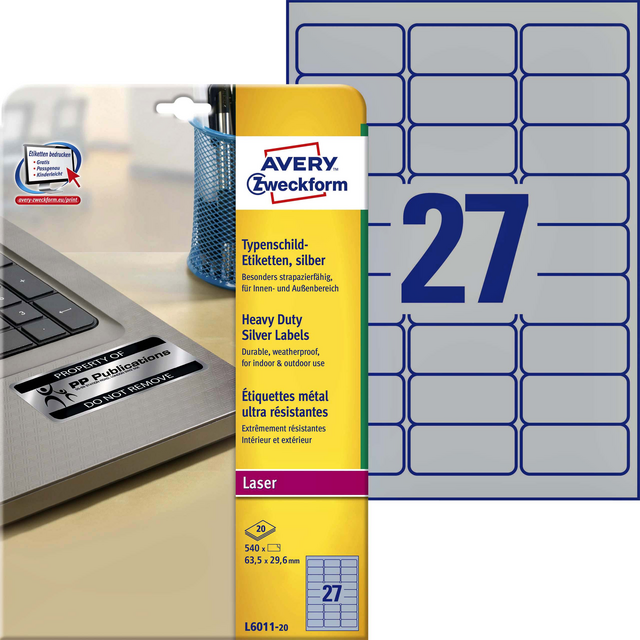 Etiket Avery L6011-20 63.5x29.6mm zilver 540stuk Etiket Avery L6011-20 63.5x29.6mm zilver 540stuk