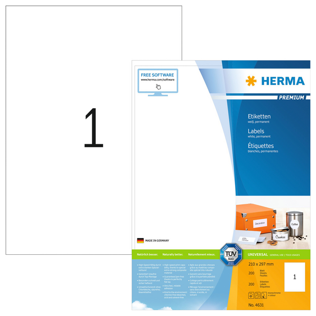 Etiket HERMA 4631 210x297mm A4 premium wit 200stuks Etiket HERMA 4631 210x297mm A4 premium wit 200stuks