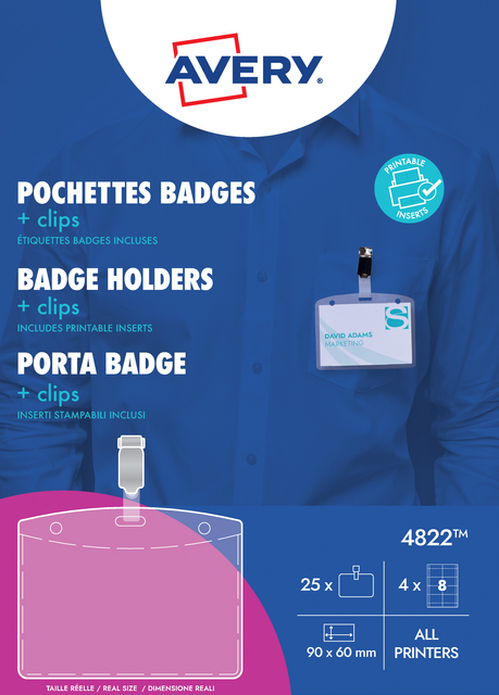Badge Avery met clip 4822 60x90mm 25 stuks + 32 insteekkaarten Badge Avery met clip 4822 60x90mm 25 stuks + 32 insteekkaarten