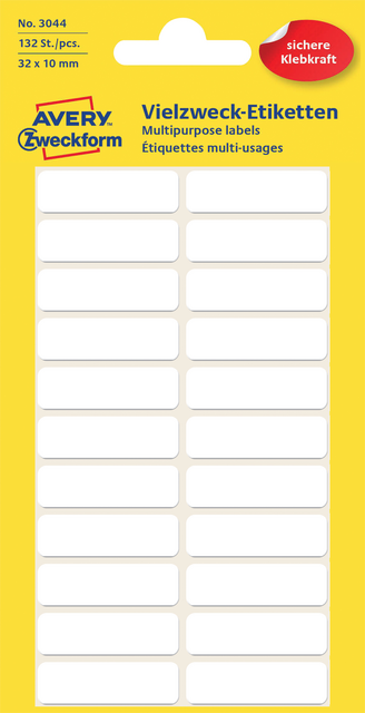 Etiket Avery Zweckform 3044 32x10mm wit 132 etiketten Etiket Avery Zweckform 3044 32x10mm wit 132 etiketten