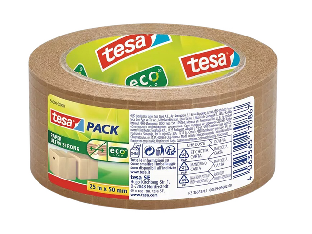 Verpakkingstape Tesa 56000 Eco papier ultra strong 50mmx25m Verpakkingstape Tesa 56000 Eco papier ultra strong 50mmx25m