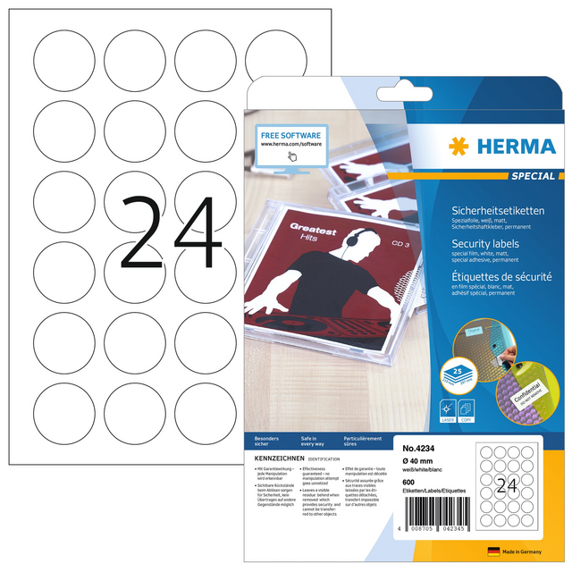 Veiligheidsetiket HERMA 4234 rond 40mm wit 600 etiketten Veiligheidsetiket HERMA 4234 rond 40mm wit 600 etiketten