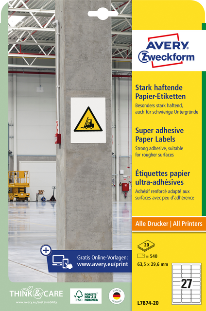 Etiket Avery Zweckform L7874-20 63.5x29.6mm 540 etiketten Etiket Avery Zweckform L7874-20 63.5x29.6mm 540 etiketten