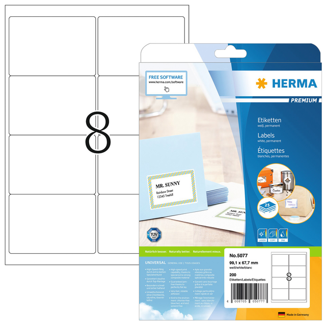 Etiket HERMA 5077 A4 99.1x67.7mm premium 200stuks wit Etiket HERMA 5077 A4 99.1x67.7mm premium 200stuks wit