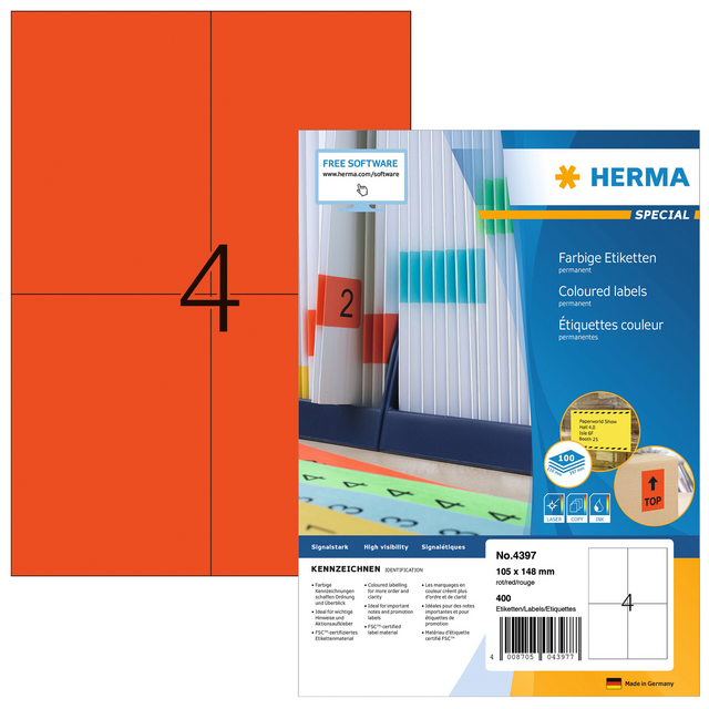 Etiket HERMA 4397 105x148mm A6 rood 400stuks Etiket HERMA 4397 105x148mm A6 rood 400stuks