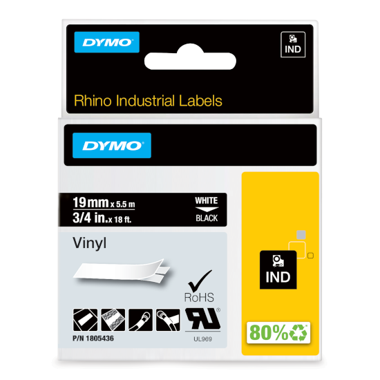 Dymo RHINO 1805436 vinyl wit op zwart 19mm