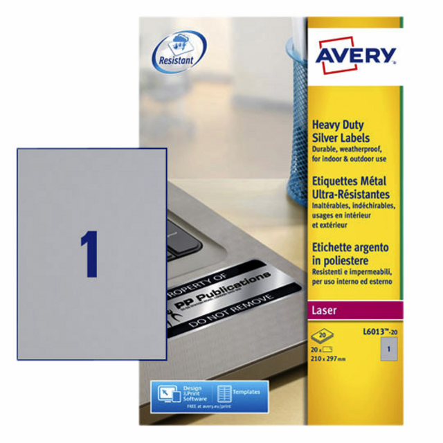 Etiket Avery L6013-20 210x297mm zilver 20 etiketten Etiket Avery L6013-20 210x297mm zilver 20 etiketten