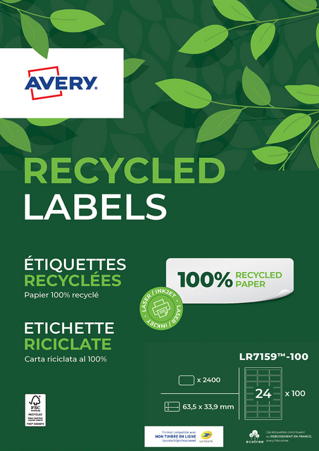 Etiket Avery LR7159-100 63.5x33.9mm recycled wit 2400 etiketten Etiket Avery LR7159-100 63.5x33.9mm recycled wit 2400 etiketten