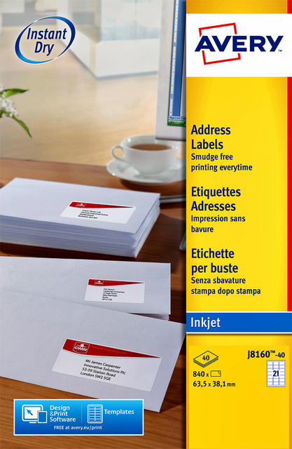 Etiket Avery J8160-25 63.5x38.1mm wit 525 etiketten Etiket Avery J8160-25 63.5x38.1mm wit 525 etiketten