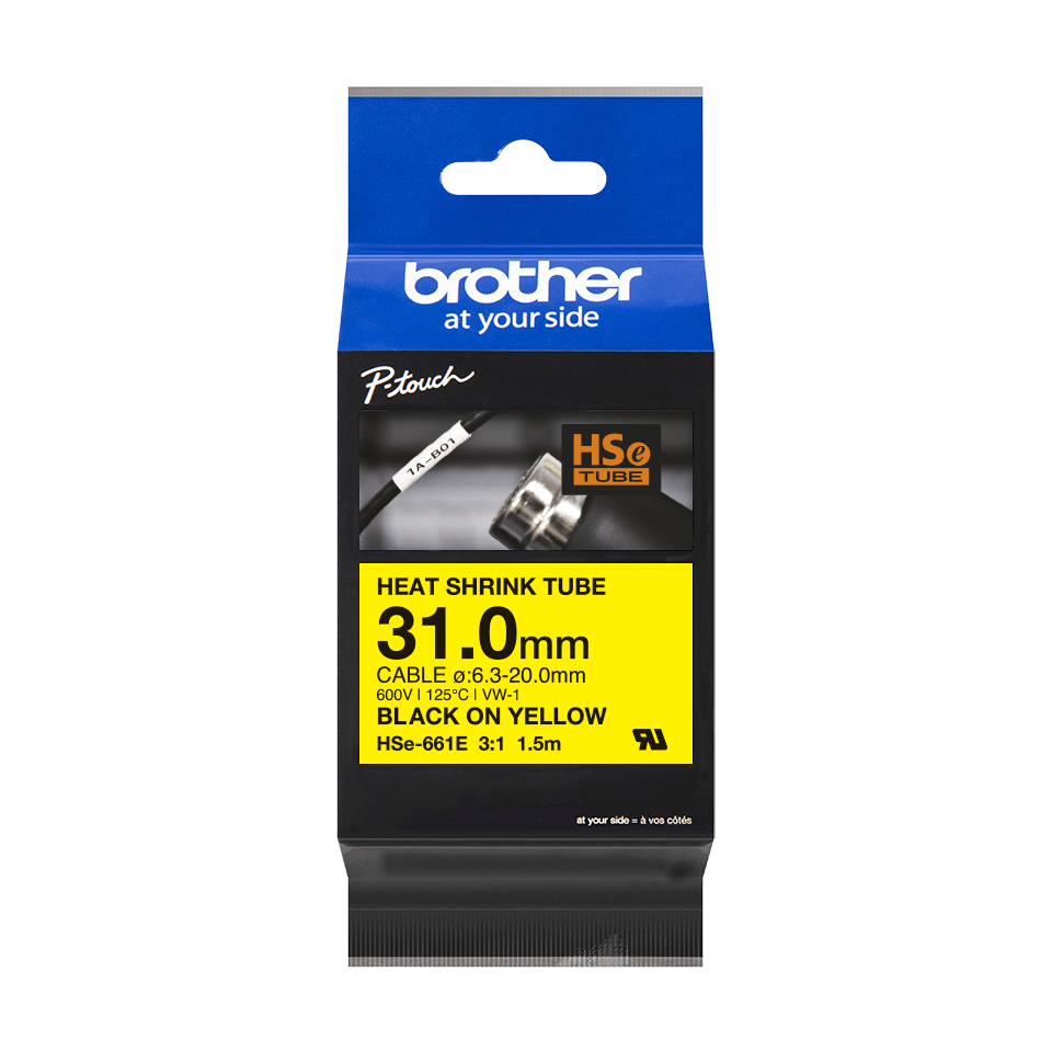 Brother HSE-661E Heat Shrink Tube, 31mm, zwart op geel