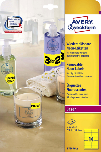 Etiket Avery L7263Y-25 99.1x38.1mm neon geel 350 etiketten