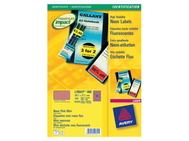 L7651/PF-100 etiket avery l7651pf-100 38.1x21.2mm neon roze